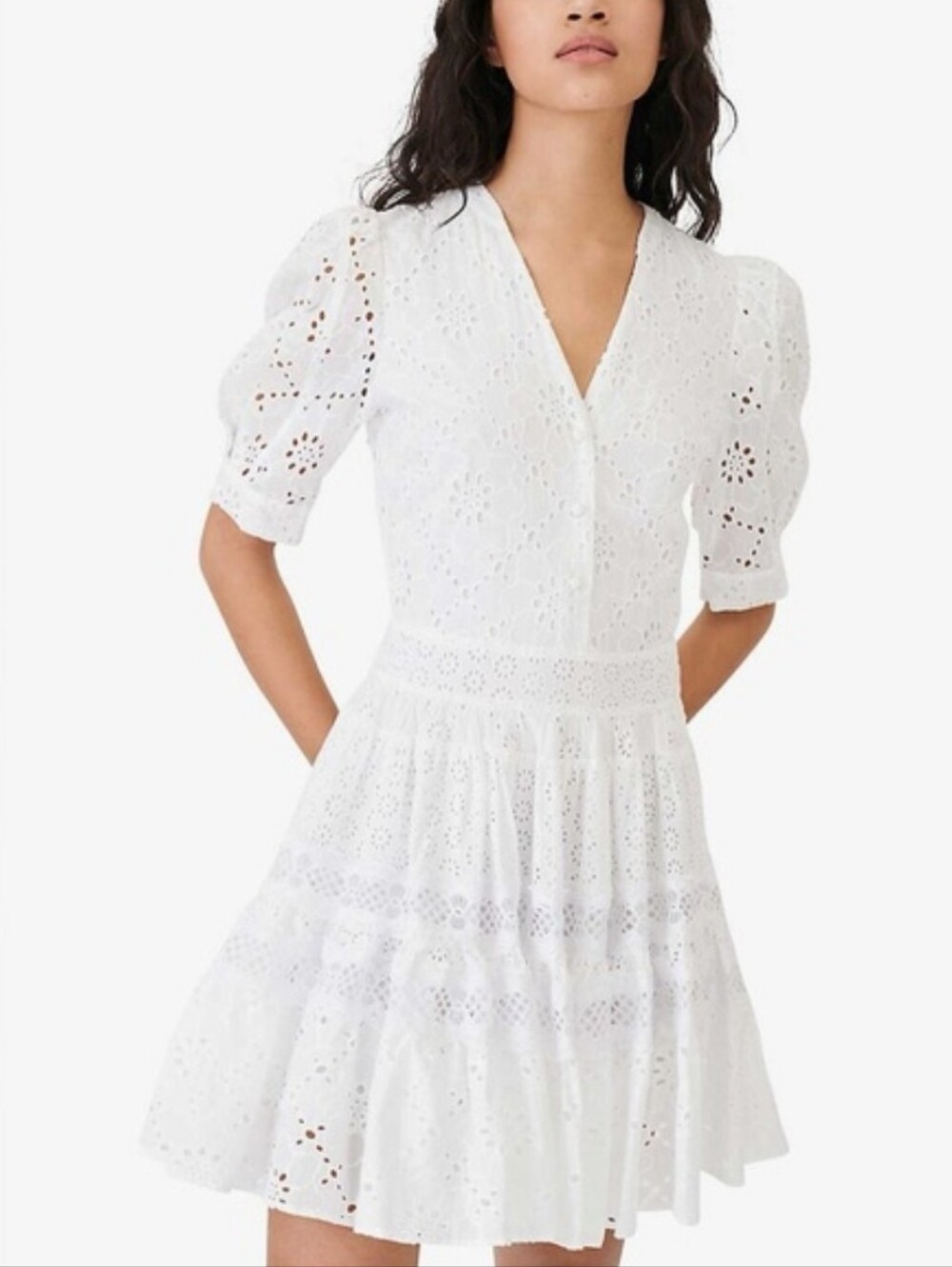 Women's Designer Dress - Maje 100% Cotton White Eyelet Mini Dress Size 38